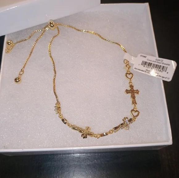 Heart and cross adjustable women's bracelet Gold cz . Brand new in box - Picture 3 of 3